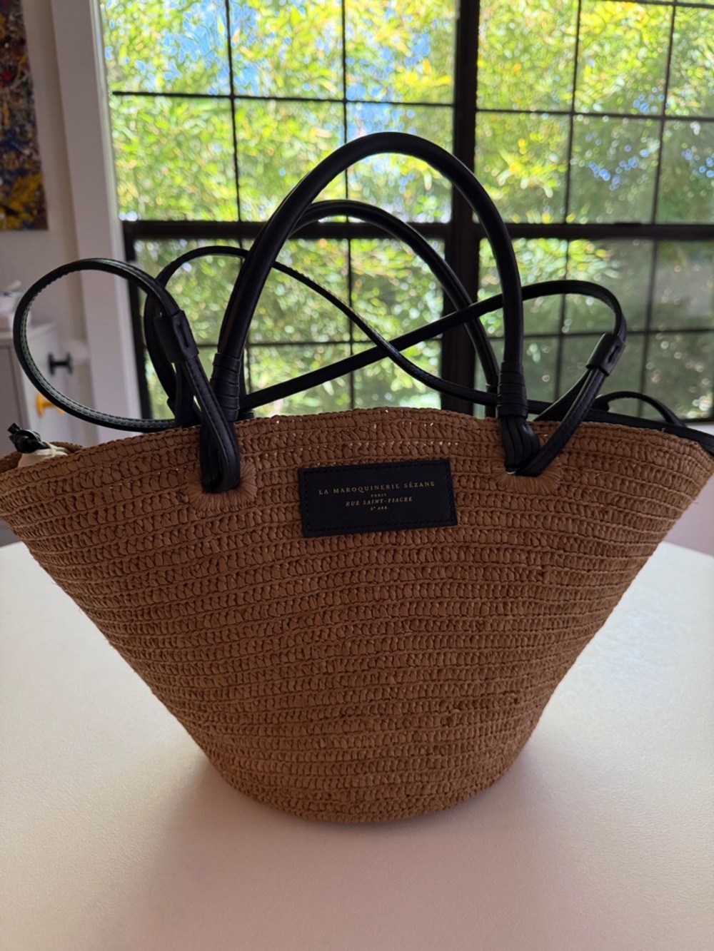 Sézane Justine Basket Bag with navy leather handles and straps
